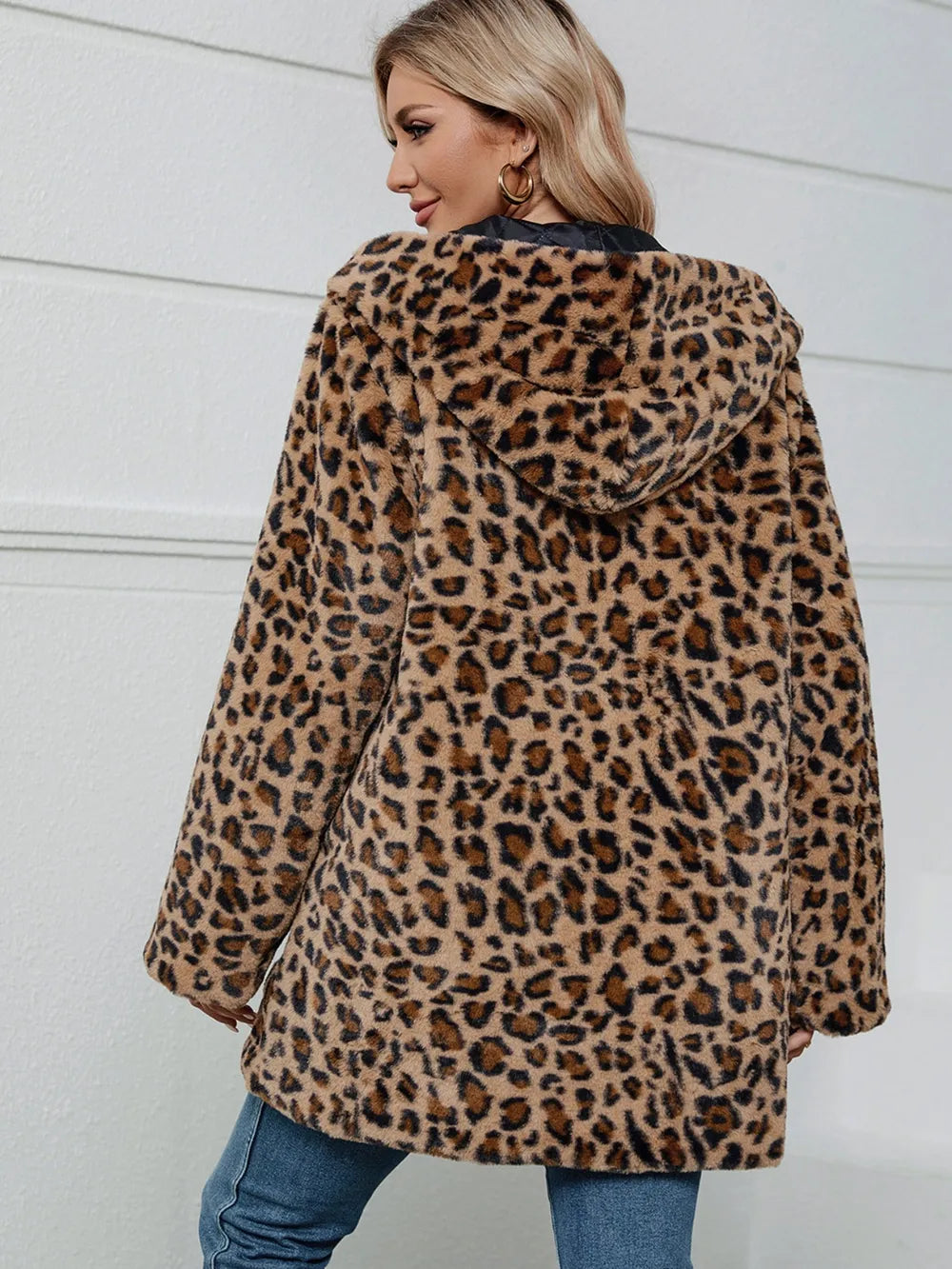 Fuzzy Leopard Hooded Long Sleeve Jacket - 100% Acrylic, Machine Washable, Normal Thickness