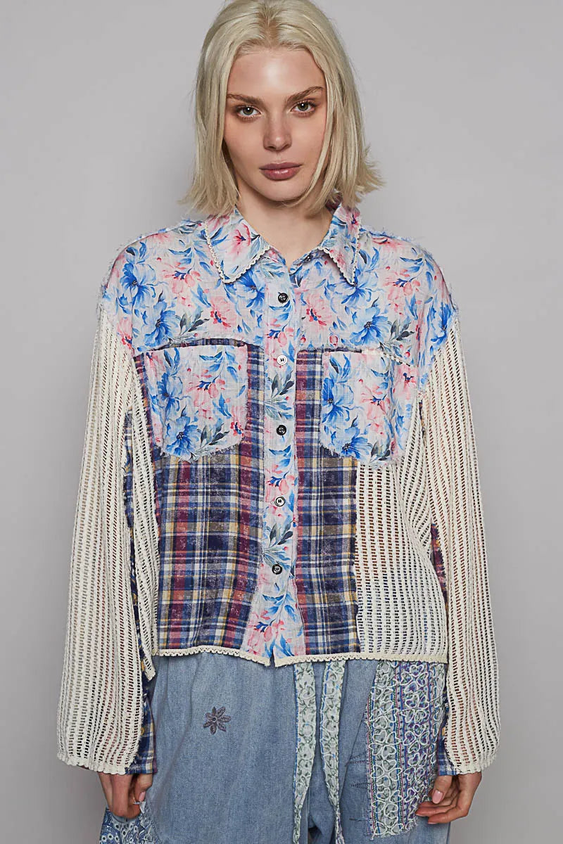 Bohemian-Chic POL Floral Plaid Patchwork Blouse with Cozy Knit Cardigan Overlay