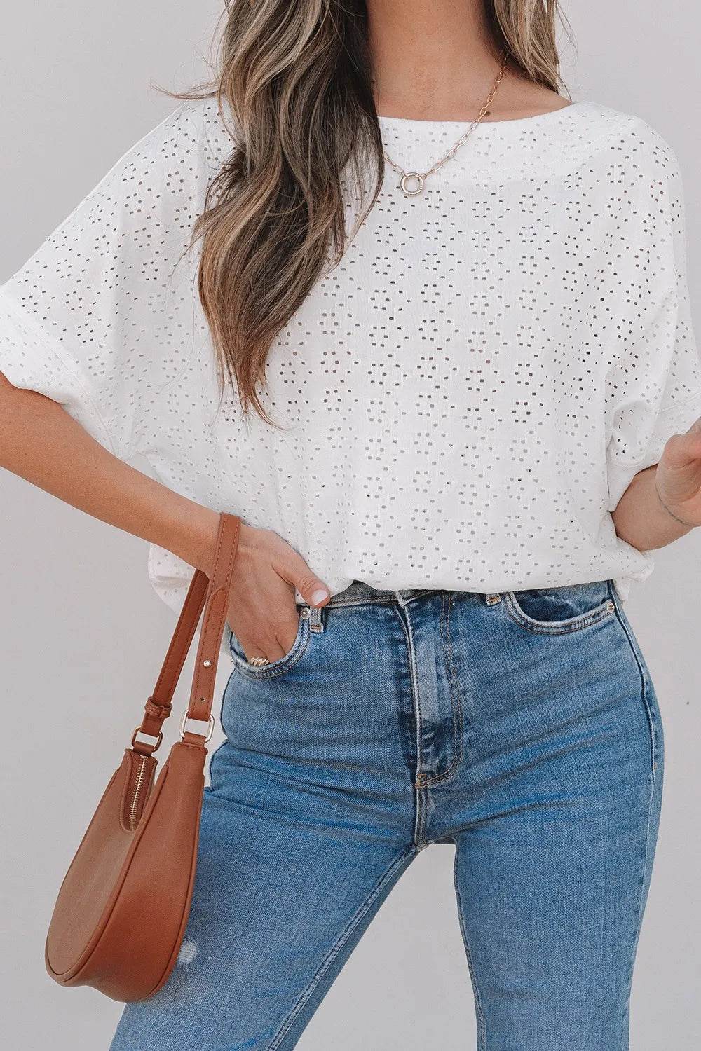 Stylish Eyelet Pattern Boat Neck Tee for Women – Slightly Stretchy, Casual Comfort