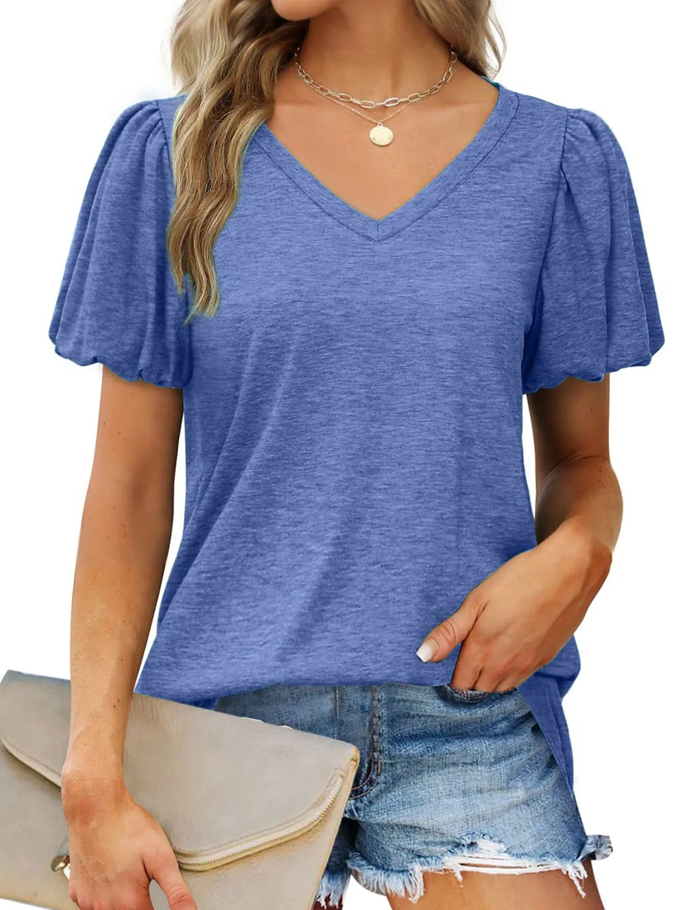 V-Neck Puff Sleeve T-Shirt - Casual & Comfy Stretchy Top for Stylish Everyday Wear