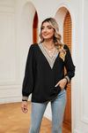 Stylish Contrast Puff Sleeve Blouse - Opaque, Slightly Stretchy, 100% Polyester - Store 42