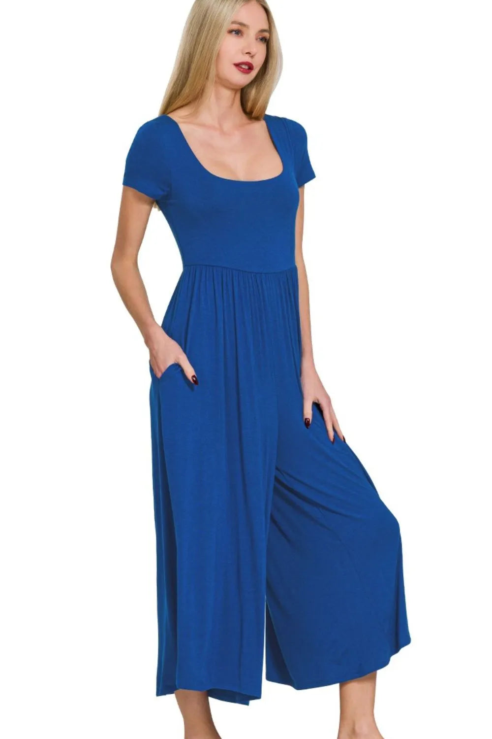 Zenana Double Layered Jumpsuit with Wide-Leg Design, Square Neckline & Pockets