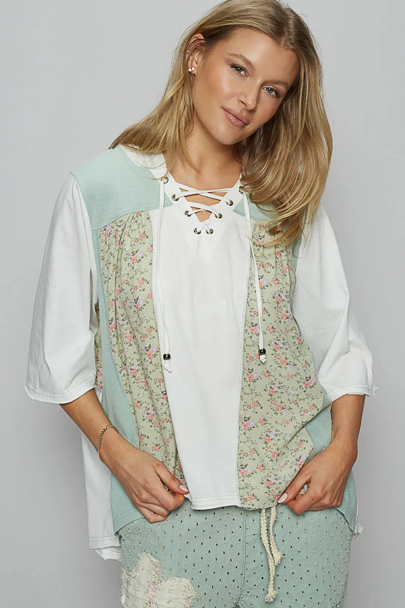 POL Lace-Up Hooded T-Shirt with Paisley Panel Detail