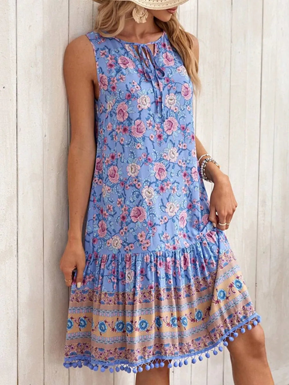 Floral Tie Neck Sleeveless Dress - Opaque 95% Polyester for Effortless Style