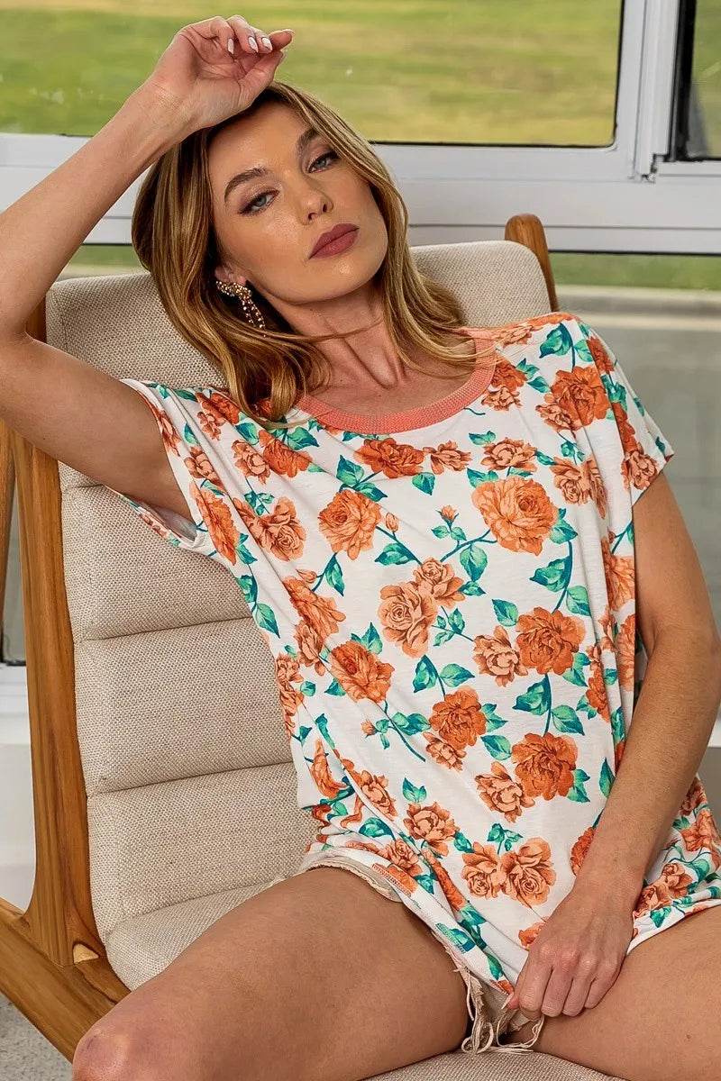 BiBi Rose Print Thermal Neck Binding Dolman Sleeves Top - Store 42