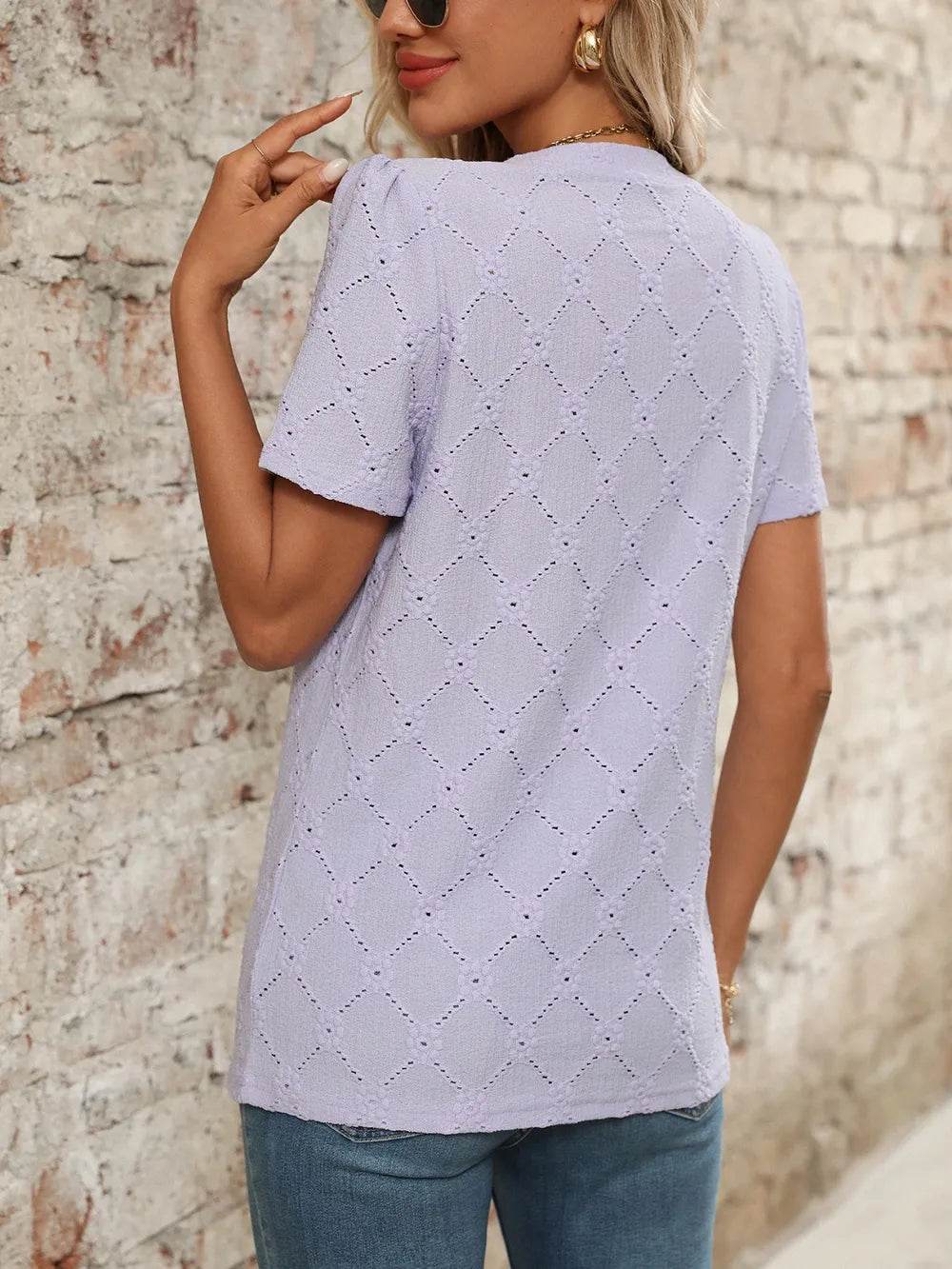 Stylish Eyelet Notched Top with Decorative Buttons - Short Sleeve & Slightly Stretchy, Opaque Fabric - Store 42