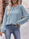 Slightly Stretchy Ruched Round Neck Long Sleeve T-Shirt - Casual Everyday Essential - Store 42