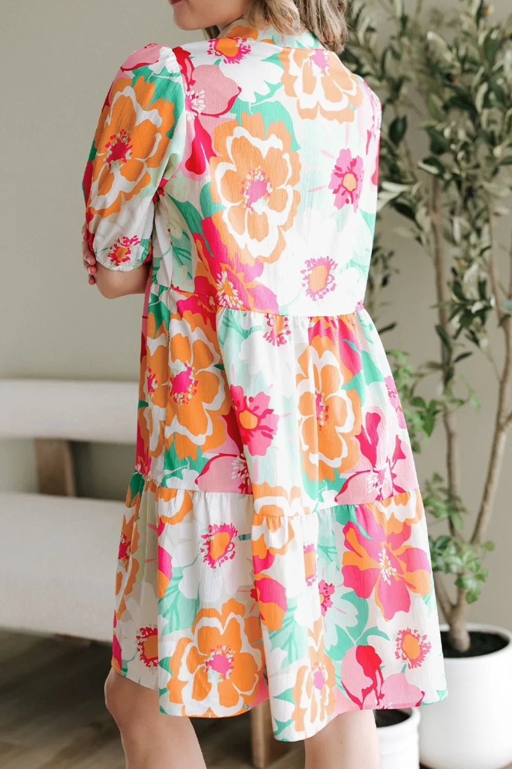 Floral Puff Sleeve Babydoll Dress with Button Down Front – 100% Polyester, Machine Washable