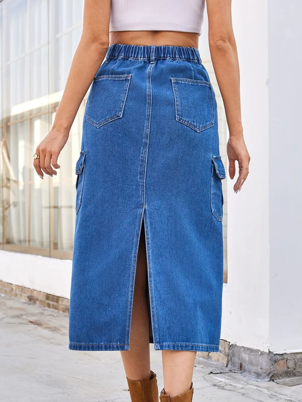 Trendsi Slit Midi Denim Skirt with Pockets - Slightly Stretchy, Chic and Comfortable