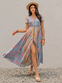 Smocked Floral V-Neck Short Sleeve Midi Dress