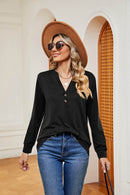 Trendsi Buttoned Notched Neck Long Sleeve Top - Slightly Stretchy Opaque Fabric - Store 42