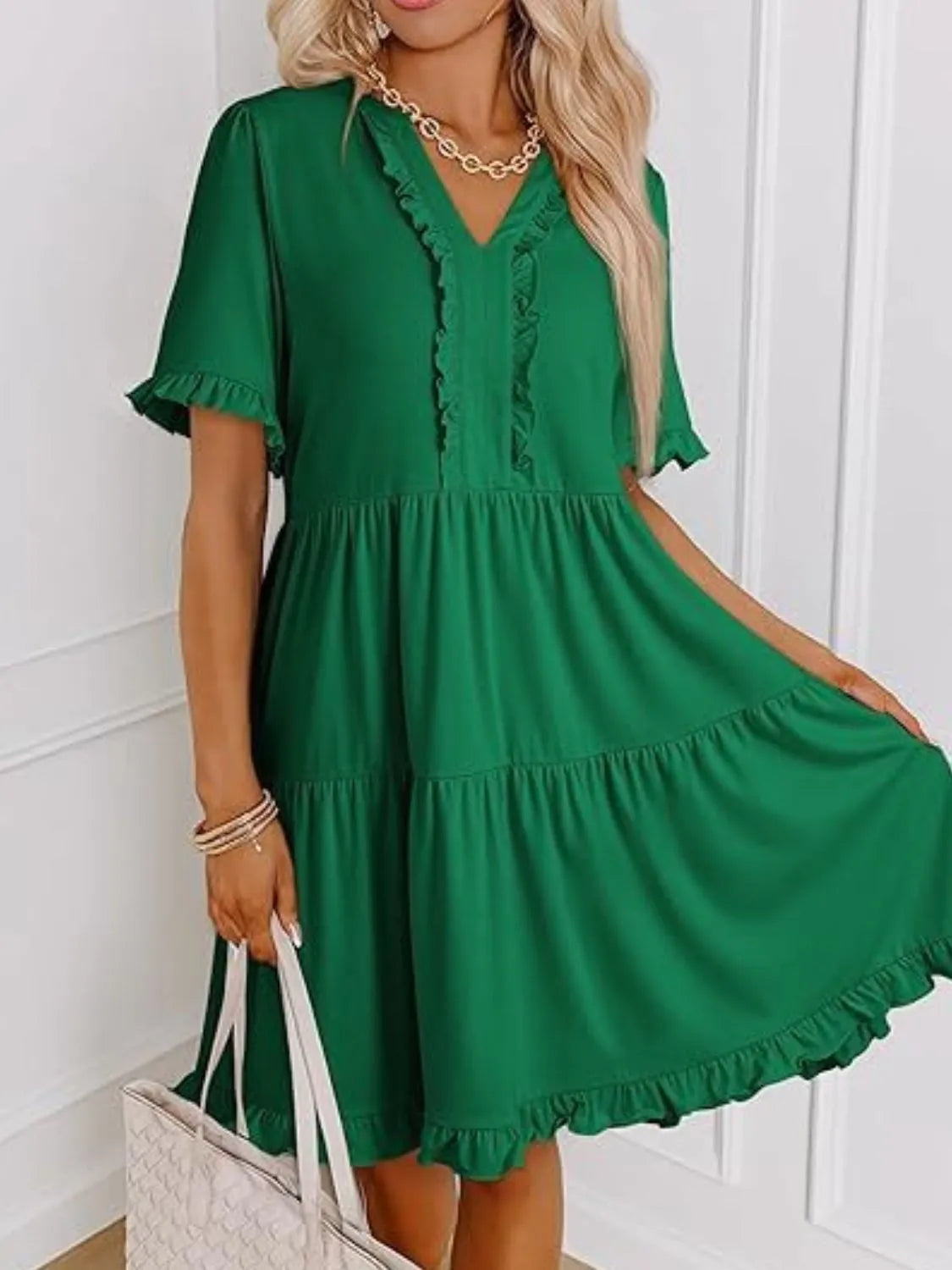 Sleek Tiered Notched Mini Dress with Frills, Ruched Details and Slight Stretch - Perfect for Any Occasion