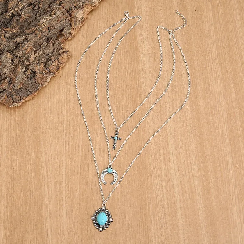 Artificial Turquoise 3-Layer Alloy Necklace - Elegant Statement Jewelry for Any Occasion