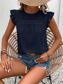 Elegant Eyelet Round Neck Cap Sleeve Top - 95% Polyester, No Stretch, Imported - Store 42