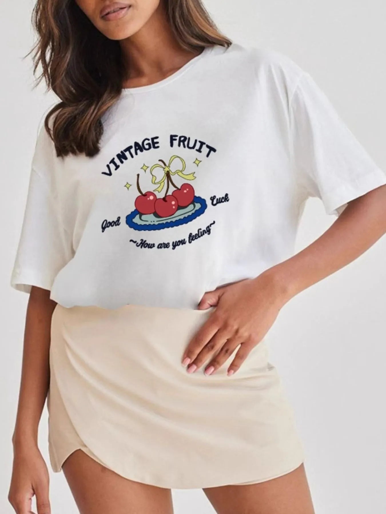 Plus Size 100% Polyester Fruit Graphic Oversized Round Neck T-Shirt for Women