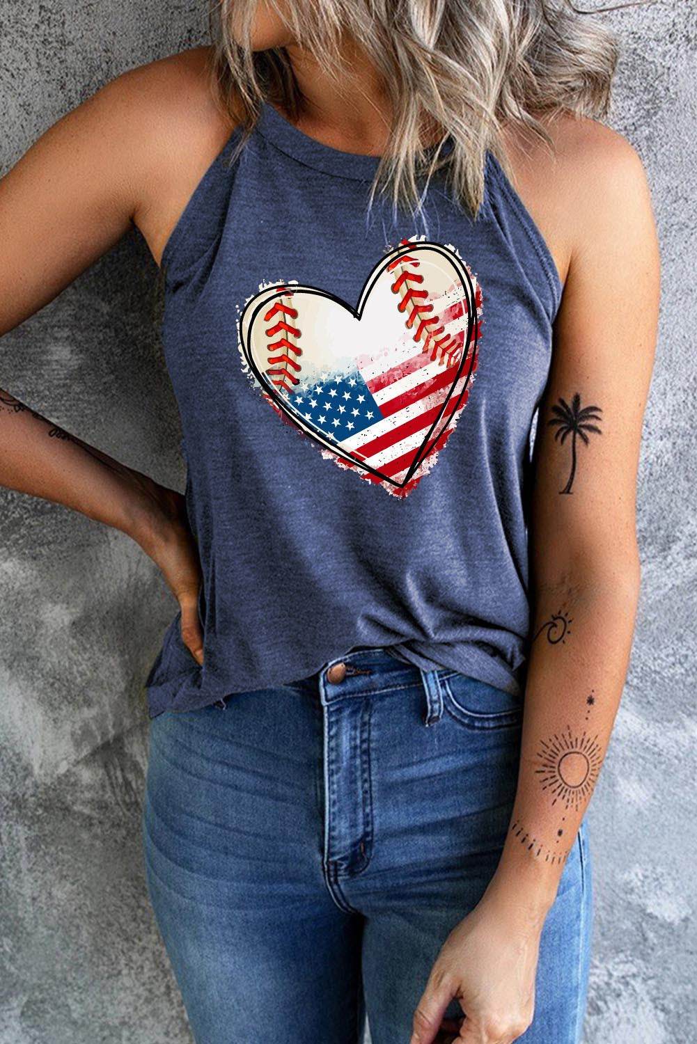 American Flag Heart Graphic Sleeveless Casual Tank Top – Perfect for Summer Celebrations