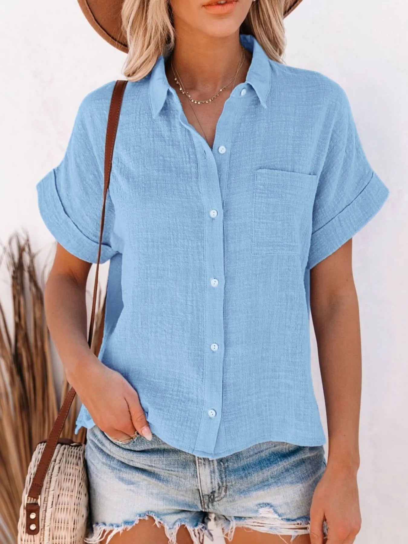 Full Size Button Up Short Sleeve Shirt Plus Size