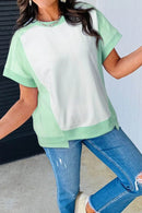 Stylish Color Block Crew Neck T-Shirt with Exposed Seams - Soft Cotton Blend, Slightly Stretchy - Store 42