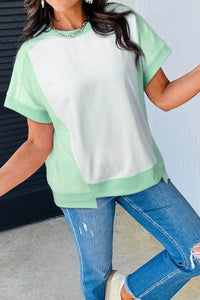 Stylish Color Block Crew Neck T-Shirt with Exposed Seams - Soft Cotton Blend, Slightly Stretchy - Store 42
