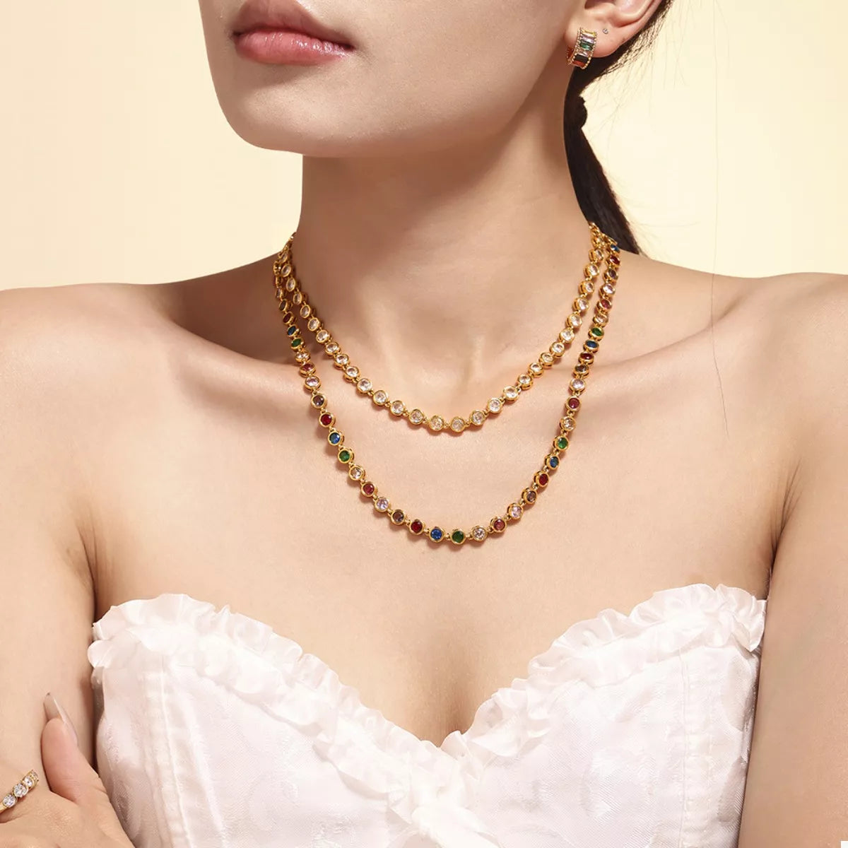 Elegant 18K Gold-Plated Zircon Necklace with Titanium Steel Design - Chain Length 14.2 Inches