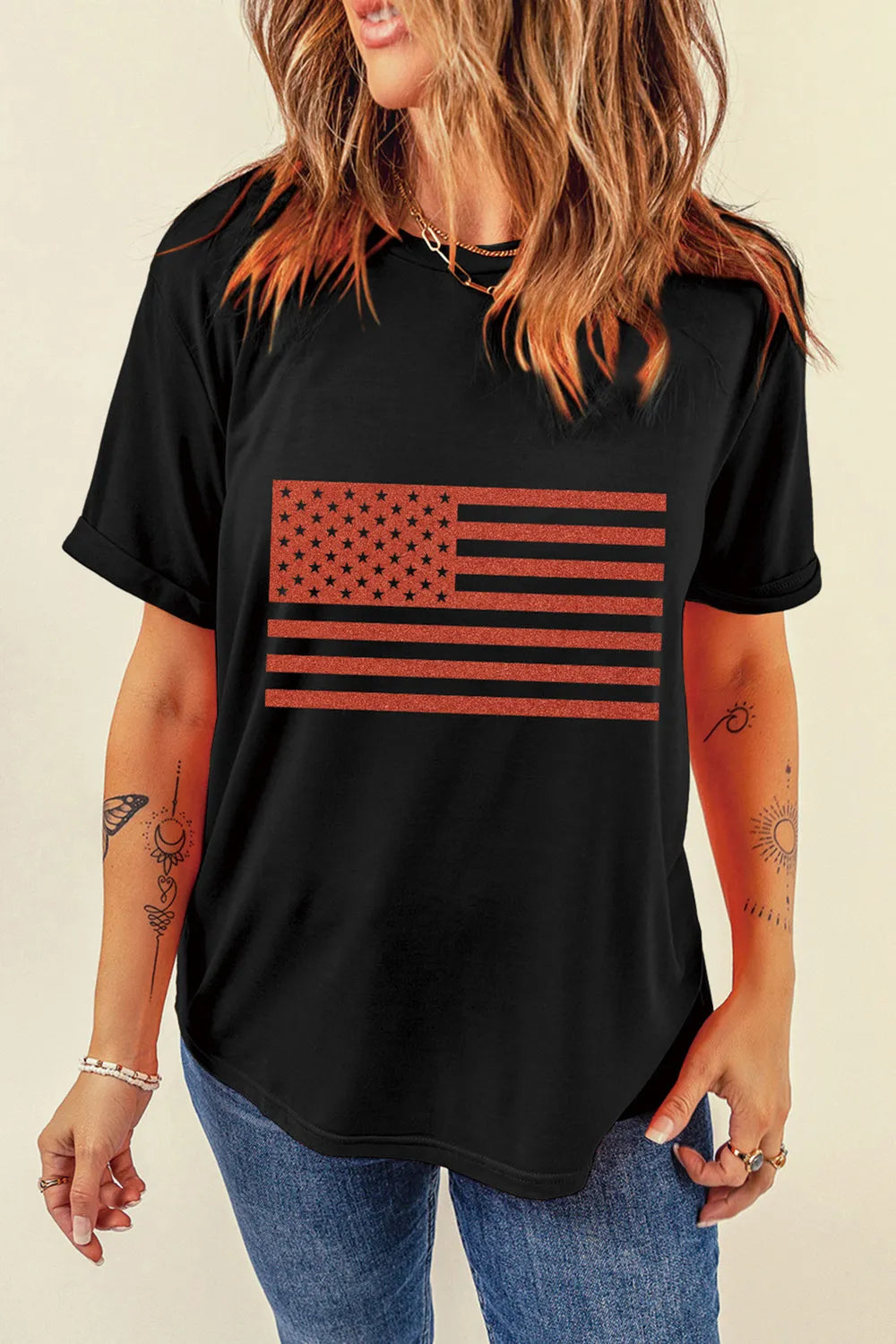 US Flag Round Neck Short Sleeve T-Shirt - Opaque Fabric, Basic Style, 62% Polyester, 32% Cotton