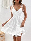 Surplice Summer Mini Dress with Tassel Hem White