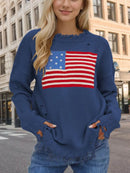 Distressed US Flag Long Sleeve Sweater for Women - 100% Acrylic, Moderate Stretch - Store 42