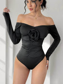 Perfee Ruched Flower Off-Shoulder Long Sleeve Bodysuit - Store 42