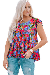 Floral Babydoll Blouse with Round Neck and Butterfly Sleeves - Casual Chic Style - Store 42