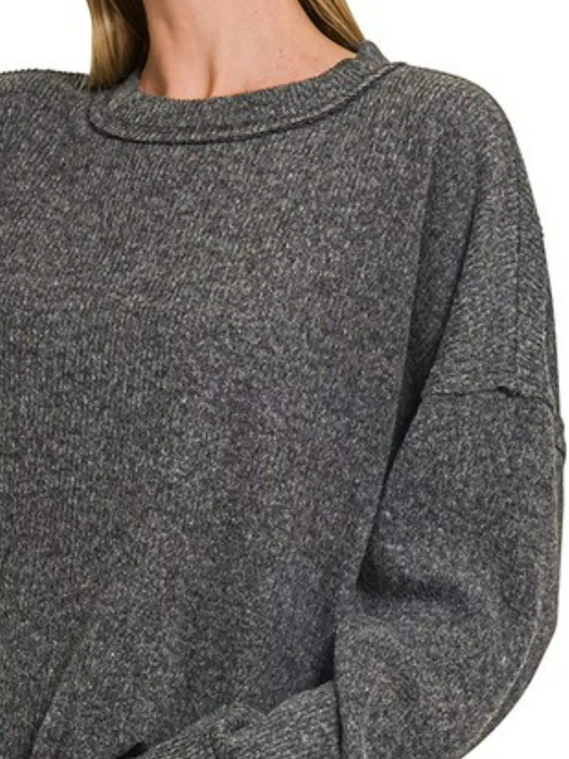 Zenana Full Size Brushed Ribbed Hacci Drop Shoulder Sweater Plus Size
