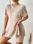 Casual Round Neck T-Shirt and Shorts Set Apricot