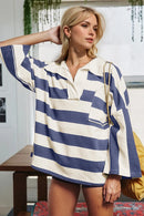Oh Striped Johnny Collar Long Sleeve T-Shirt Dusty Blue