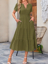 Tiered Notched Short Sleeve Dress Moss