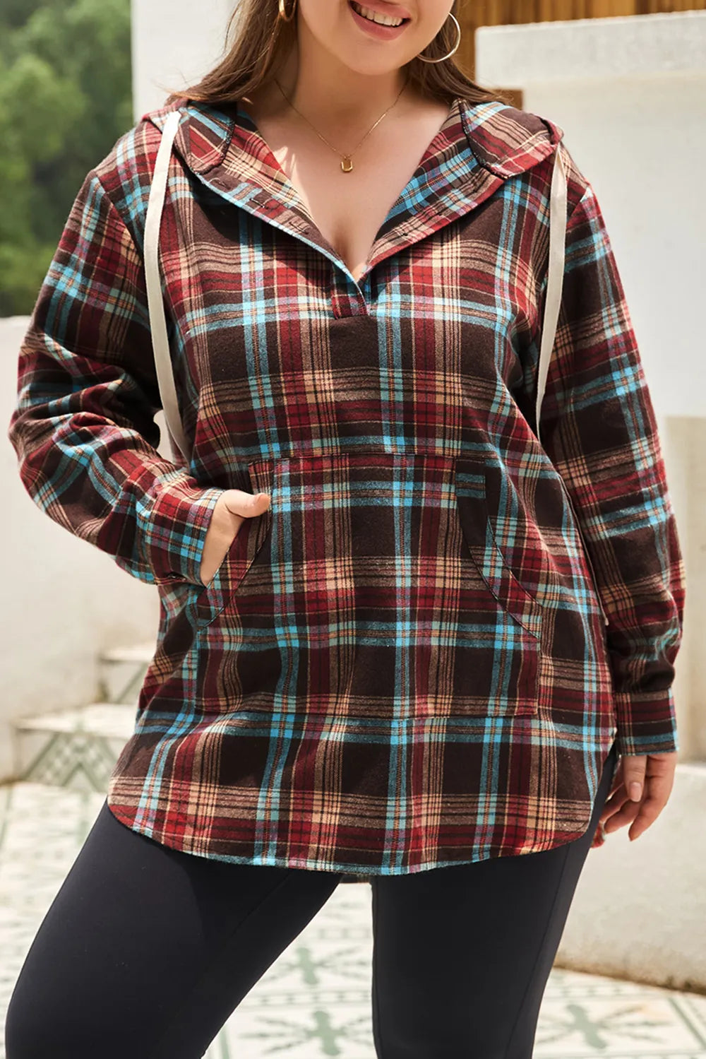 Plus Size Drawstring Hoodie with Plaid Design and Quarter Button Closure - Available in 1XL to 3XL