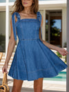 Square Neck Tie Shoulder Denim Dress Dusty Blue