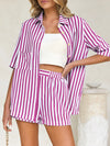 Striped Button Up Shirt and Shorts Set Rose Red