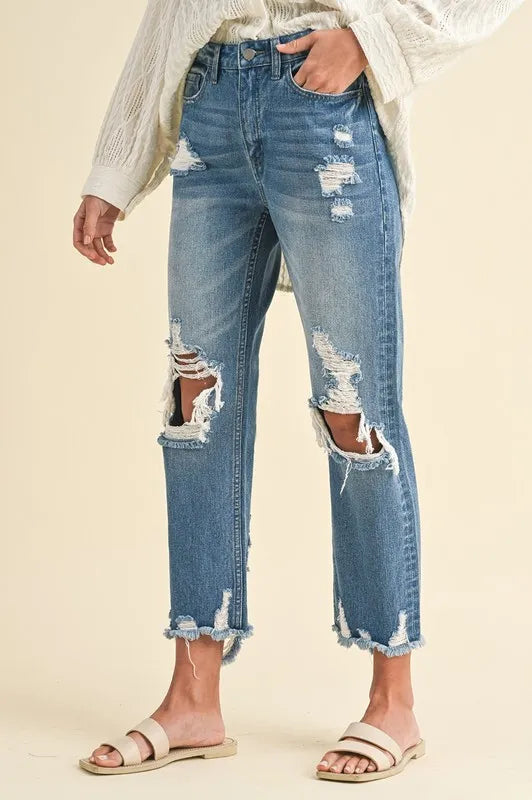 Trendy Annie Wear Distressed Raw Hem Cropped Jeans - Vintage Look, 100% Cotton, Casual Chic