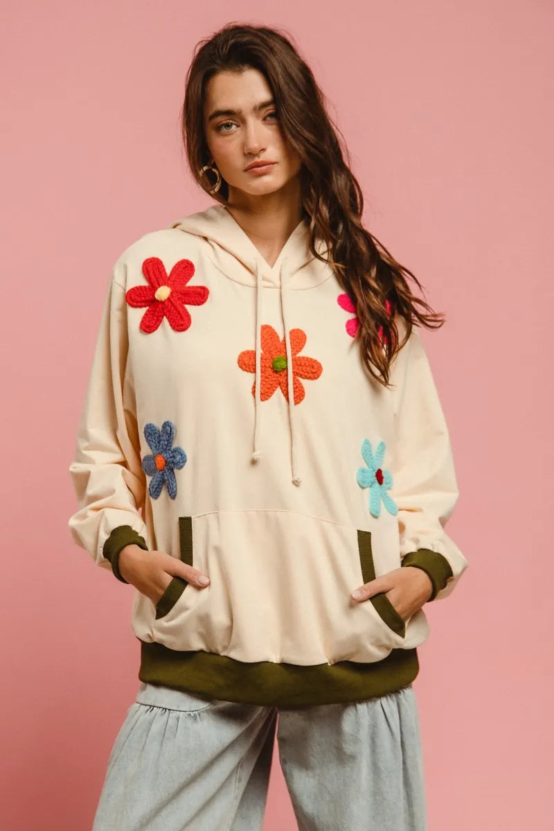 Trendy BiBi Patched Hoodie Top with Pockets and Drawstring - 100% Cotton Casual Wear