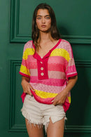 BiBi Multi Color Stripe Hacci Button Detail Ringer Top - Store 42