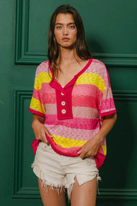 BiBi Multi Color Stripe Hacci Button Detail Ringer Top - Store 42