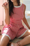 Lace Detail Plaid Sleeveless Romper Scarlet