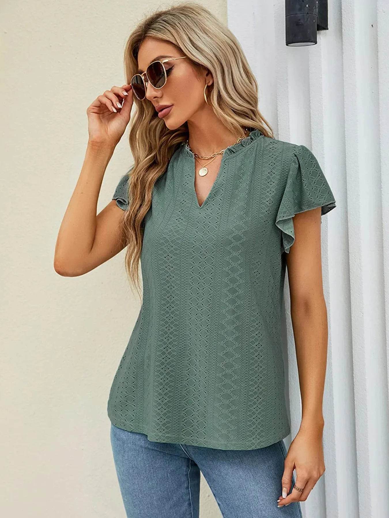Trendsi Eyelet Notched Short Sleeve T-Shirt with Ruffled Frills - Slightly Stretchy Fabric - Store 42