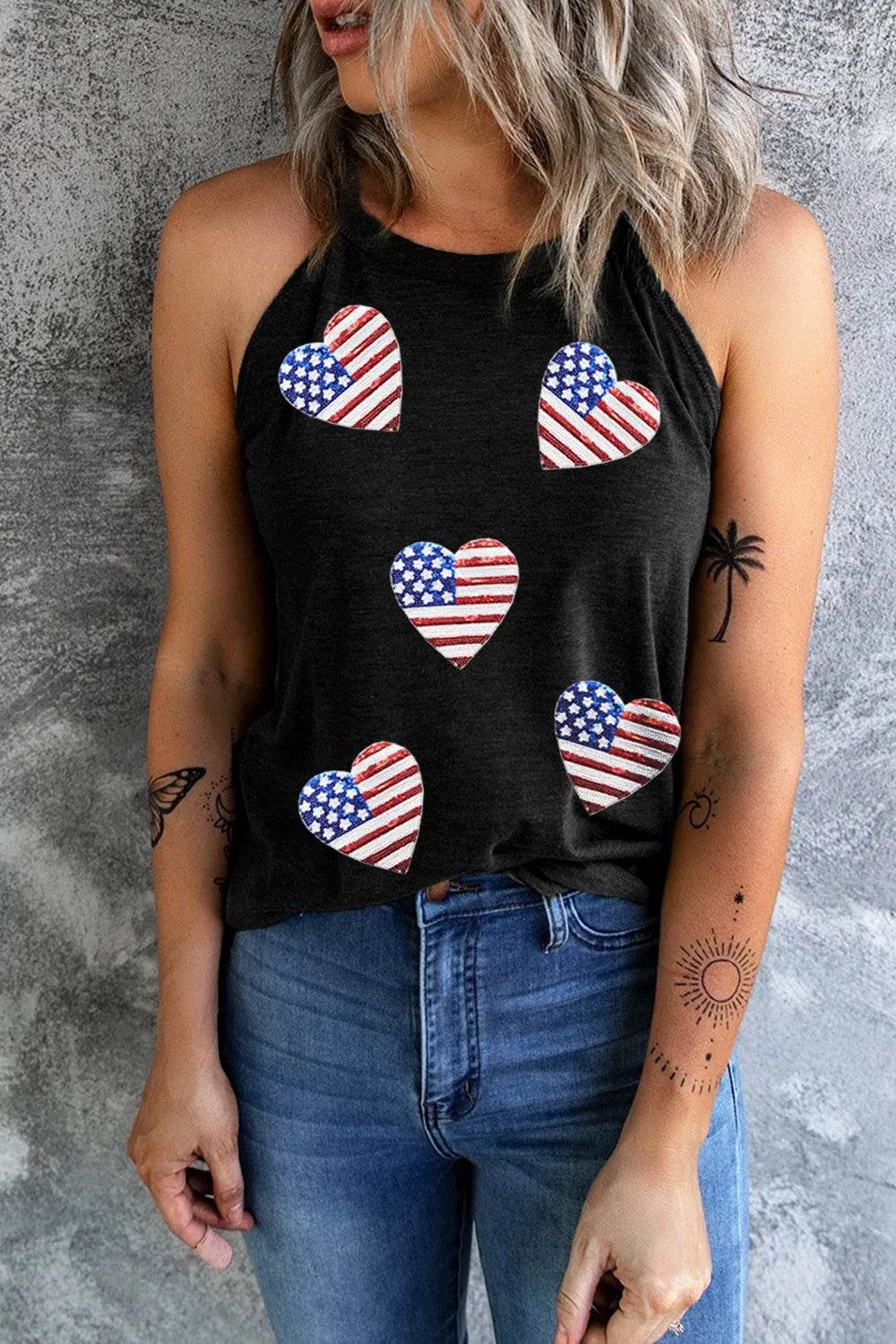Heart US Flag Round Neck Grecian Neck Tank Top with Sequin Detail - Stylish & Comfortable Fit