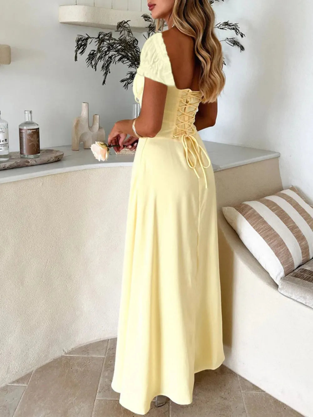 Devine Sweetheart Neck Short Sleeve Maxi Dress with Ruched Tie Detail, Lined, and Stretchy Comfort