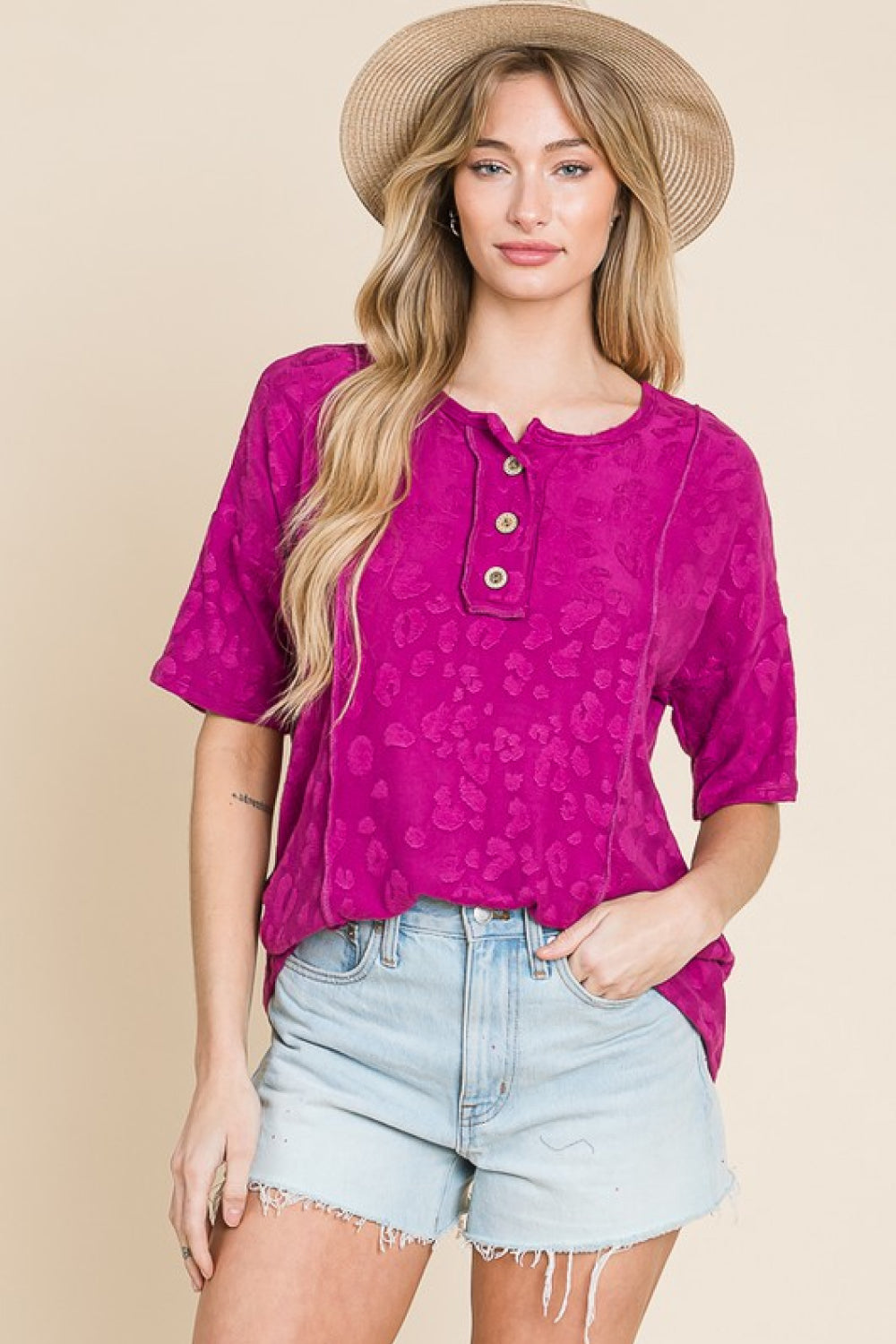 BOMBOM Chic Magenta Animal Textured Top with Button Details and Half Sleeves