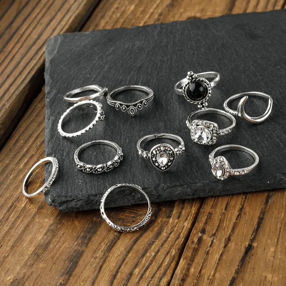 11-Piece Alloy Ring Set with Synthetic Crystals - Elegant Fashion Jewelry Collection - Store 42