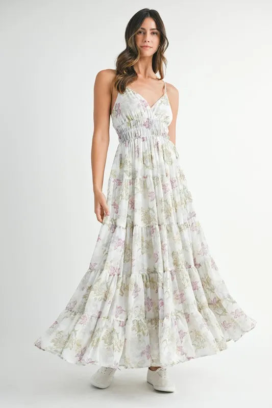Mable Floral Print Tiered Cami Maxi Dress With Slit, Crisscross Detail – Perfect Summer Elegance