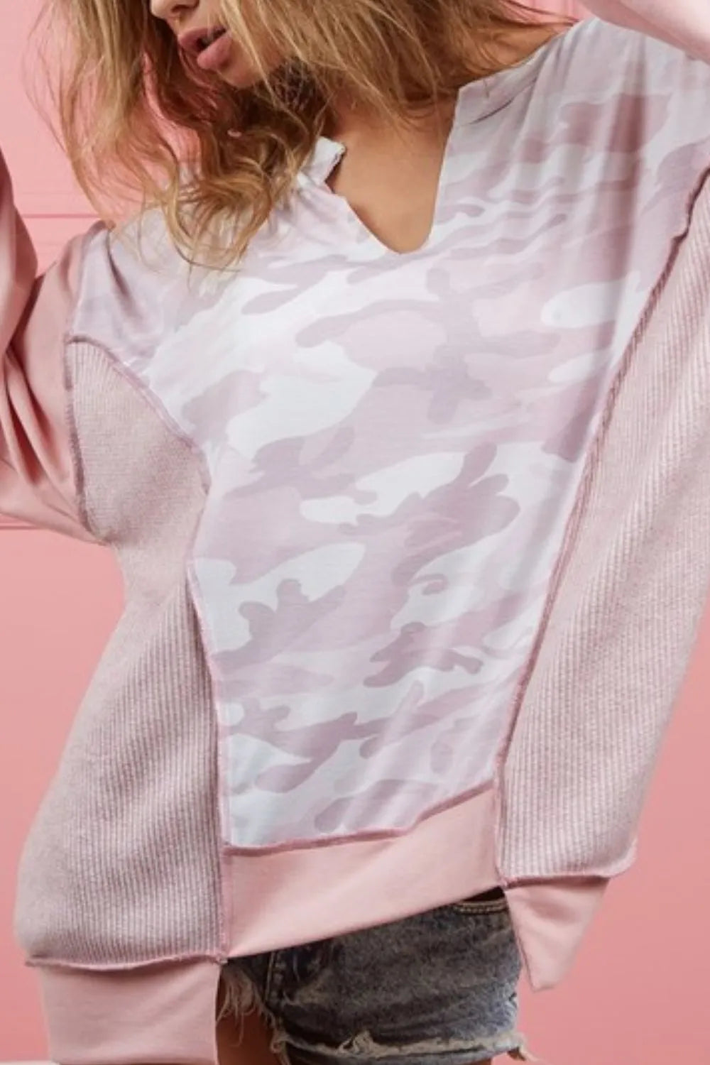 BiBi Camo Printed French Terry Knit Color Block Top
