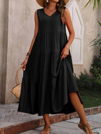 Tiered V-Neck Sleeveless Dress Black