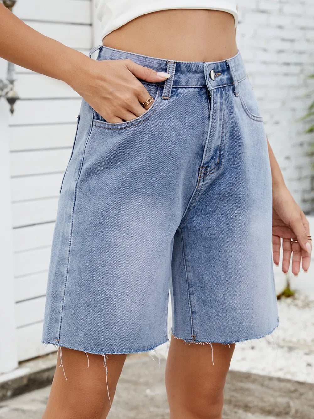 Trendy Washed Denim Shorts with Raw Hem - No Stretch, 95% Rayon, Perfect for Summer